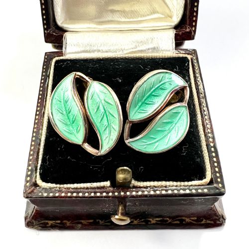 VINTAGE DAVID ANDERSEN GREEN LEAF ENAMEL SILVER EAR CLIPS - ADDITIONAL PHOTO 1