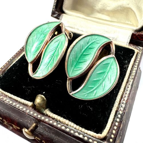 VINTAGE DAVID ANDERSEN GREEN LEAF ENAMEL SILVER EAR CLIPS - ADDITIONAL PHOTO 2