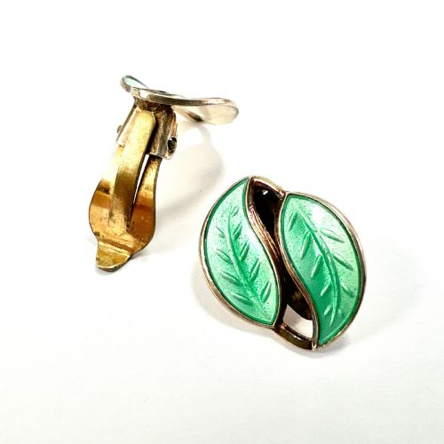 VINTAGE DAVID ANDERSEN GREEN LEAF ENAMEL SILVER EAR CLIPS - ADDITIONAL PHOTO 5