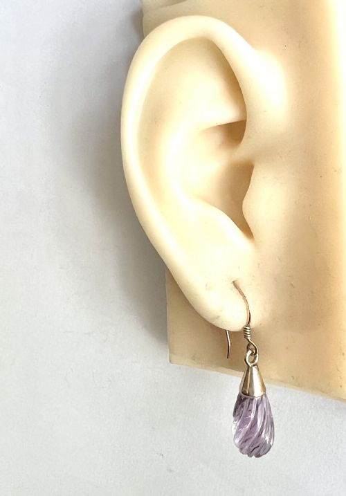 VINTAGE CARVED AMETHYST SWIRL 9CT ROSE GOLD TEARDROP EARRINGS - ADDITIONAL PHOTO 6