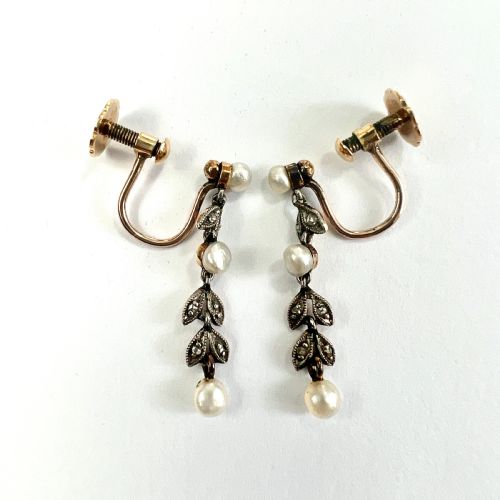 EDWARDIAN DIAMOND AND PEARL SILVER AND GOLD SCREWBACK EARRINGS - ADDITIONAL PHOTO 3