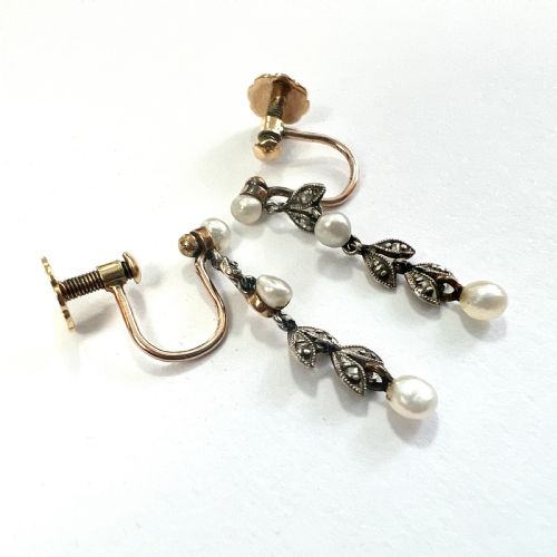 EDWARDIAN DIAMOND AND PEARL SILVER AND GOLD SCREWBACK EARRINGS - ADDITIONAL PHOTO 4