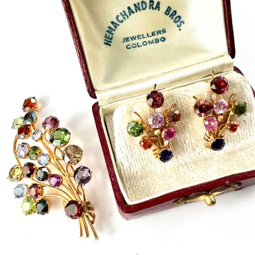 Vintage Sri Lankan Tutti Frutti Gemstones Gold Brooch