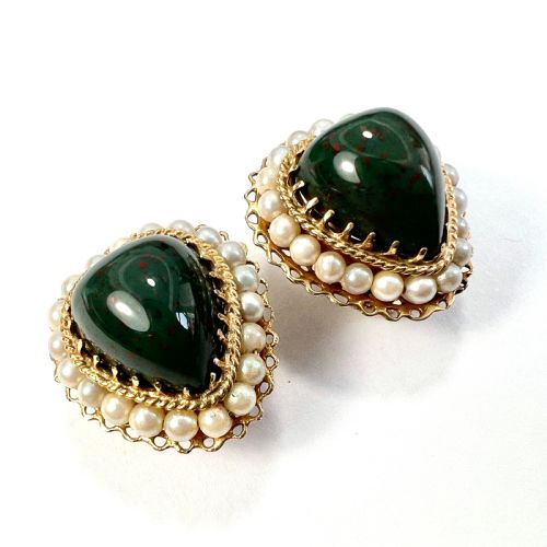 VINTAGE 14CT GOLD BLOODSTONE HEART PEARL HALO EAR CLIPS - ADDITIONAL PHOTO 1