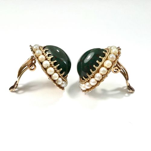 VINTAGE 14CT GOLD BLOODSTONE HEART PEARL HALO EAR CLIPS - ADDITIONAL PHOTO 3