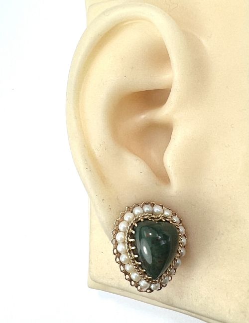 VINTAGE 14CT GOLD BLOODSTONE HEART PEARL HALO EAR CLIPS - ADDITIONAL PHOTO 7