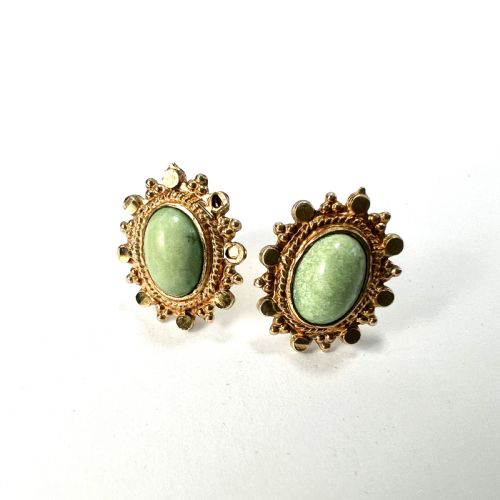 VINTAGE 9CT GOLD OVAL GREEN CABOCHON STUD EARRINGS - ADDITIONAL PHOTO 3