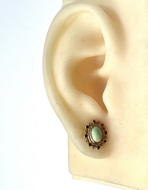 VINTAGE 9CT GOLD OVAL GREEN CABOCHON STUD EARRINGS - ADDITIONAL PHOTO 5