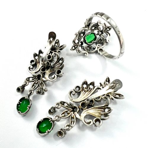 VINTAGE DIAMOND AND EMERALD PASTE SILVER EARRINGS AND RING - ADDITIONAL PHOTO 5