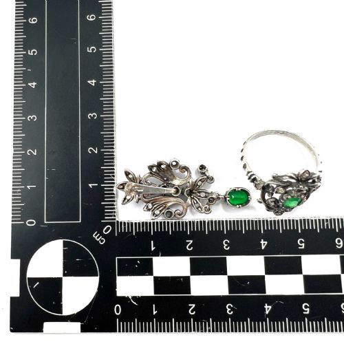VINTAGE DIAMOND AND EMERALD PASTE SILVER EARRINGS AND RING - ADDITIONAL PHOTO 6