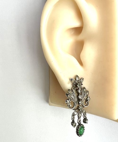VINTAGE DIAMOND AND EMERALD PASTE SILVER EARRINGS AND RING - ADDITIONAL PHOTO 7