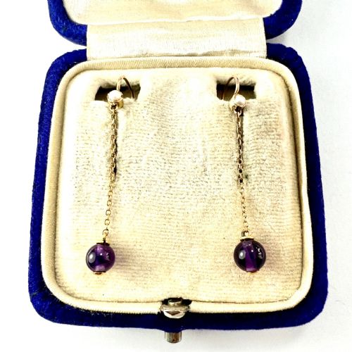 EDWARDIAN 9CT GOLD AMETHYST AND PEARL CHAIN DROP EARRINGS - ADDITIONAL PHOTO 2