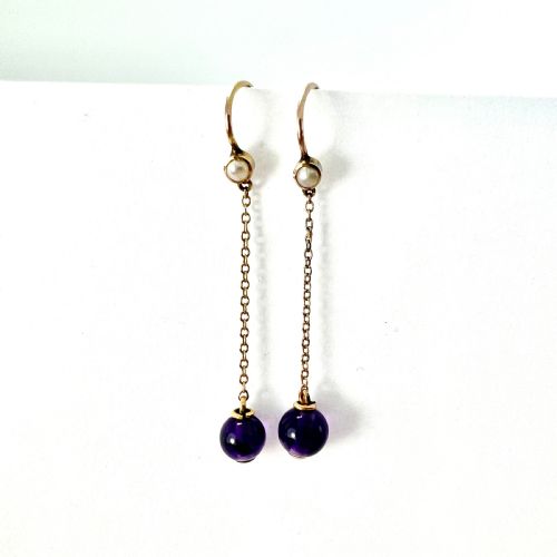 EDWARDIAN 9CT GOLD AMETHYST AND PEARL CHAIN DROP EARRINGS - ADDITIONAL PHOTO 7