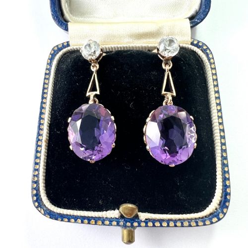 ANTIQUE ZIRCON 9CT GOLD AMETHYST DROP EARRINGS - ADDITIONAL PHOTO 1