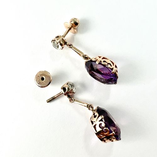 ANTIQUE ZIRCON 9CT GOLD AMETHYST DROP EARRINGS - ADDITIONAL PHOTO 6
