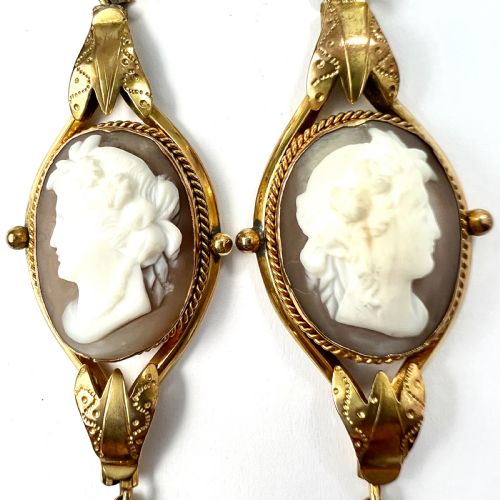 VICTORIAN 9CT GOLD WIRES PINCHBECK CAMEO LONG DROP EARRINGS - ADDITIONAL PHOTO 3