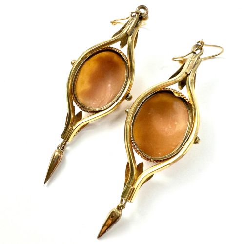 VICTORIAN 9CT GOLD WIRES PINCHBECK CAMEO LONG DROP EARRINGS - ADDITIONAL PHOTO 5