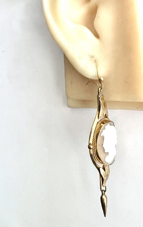 VICTORIAN 9CT GOLD WIRES PINCHBECK CAMEO LONG DROP EARRINGS - ADDITIONAL PHOTO 10
