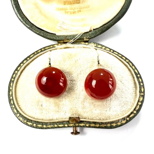 victorian 15ct gold red agate button earrings - CATEGORY: ANTIQUE JEWELLERY - DATED VICTORIAN