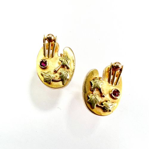 RARE VICTORIAN RUBY 9CT GOLD ARTISTS PALETTE EARRINGS - ADDITIONAL PHOTO 2