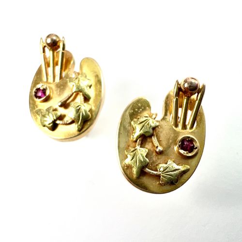 RARE VICTORIAN RUBY 9CT GOLD ARTISTS PALETTE EARRINGS - ADDITIONAL PHOTO 3