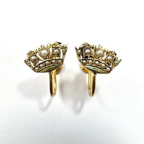 vintage 9ct gold pearl crown screwback earrings - CATEGORY: ANTIQUE JEWELLERY - DATED 1950