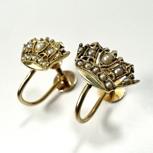 VINTAGE 9CT GOLD PEARL CROWN SCREWBACK EARRINGS - ADDITIONAL PHOTO 1