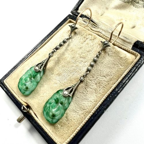EDWARDIAN 9CT GOLD SILVER JADE AND MARCASITE DROP EARRINGS - ADDITIONAL PHOTO 1