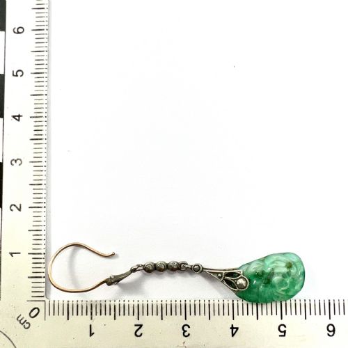 EDWARDIAN 9CT GOLD SILVER JADE AND MARCASITE DROP EARRINGS - ADDITIONAL PHOTO 2