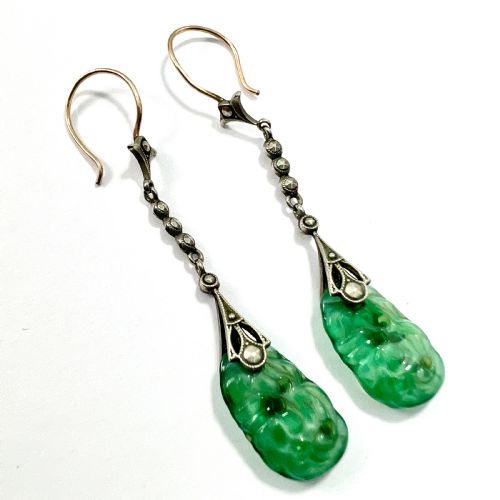 EDWARDIAN 9CT GOLD SILVER JADE AND MARCASITE DROP EARRINGS - ADDITIONAL PHOTO 3