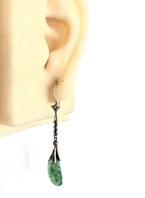 EDWARDIAN 9CT GOLD SILVER JADE AND MARCASITE DROP EARRINGS - ADDITIONAL PHOTO 6