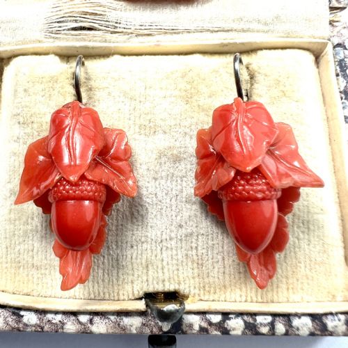 VICTORIAN CARVED CORAL ACORN EARRINGS - ADDITIONAL PHOTO 1