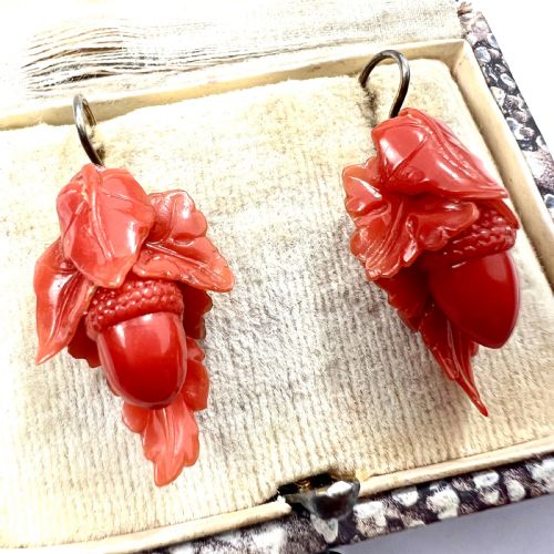 VICTORIAN CARVED CORAL ACORN EARRINGS - ADDITIONAL PHOTO 3