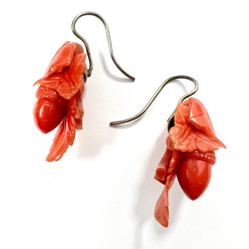 VICTORIAN CARVED CORAL ACORN EARRINGS - ADDITIONAL PHOTO 5