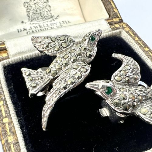 VINTAGE GREEN EYED BIRD MARCASITE EAR CLIPS - ADDITIONAL PHOTO 3