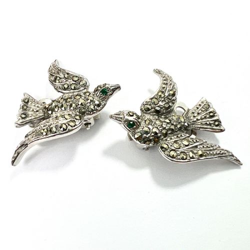 VINTAGE GREEN EYED BIRD MARCASITE EAR CLIPS - ADDITIONAL PHOTO 5