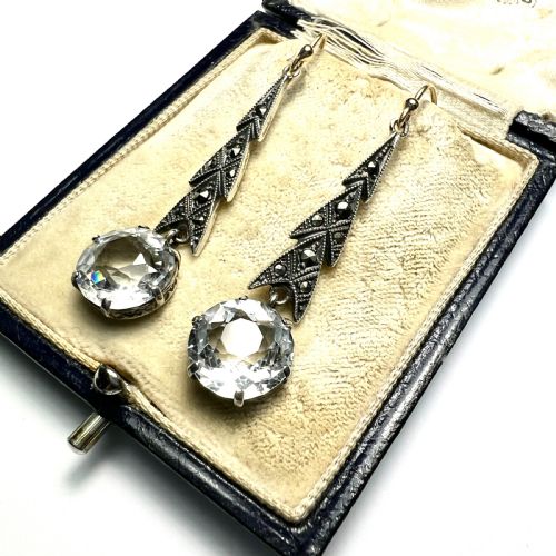 ART DECO 9CT GOLD AND SILVER ZIRCON MARCASITE EARRINGS - ADDITIONAL PHOTO 2