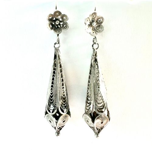 VINTAGE MALTESE SILVER FILIGREE TORPEDO EARRINGS - ADDITIONAL PHOTO 1