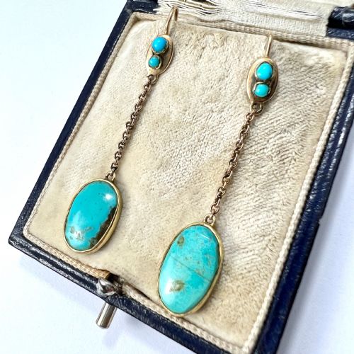 EDWARDIAN ART NOUVEAU TURQUOISE 9CT GOLD CHAIN DROP EARRINGS - ADDITIONAL PHOTO 2