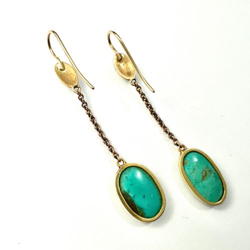 EDWARDIAN ART NOUVEAU TURQUOISE 9CT GOLD CHAIN DROP EARRINGS - ADDITIONAL PHOTO 3