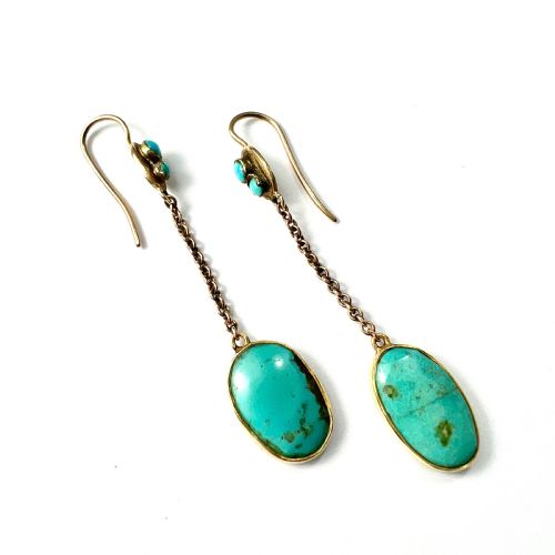 EDWARDIAN ART NOUVEAU TURQUOISE 9CT GOLD CHAIN DROP EARRINGS - ADDITIONAL PHOTO 4