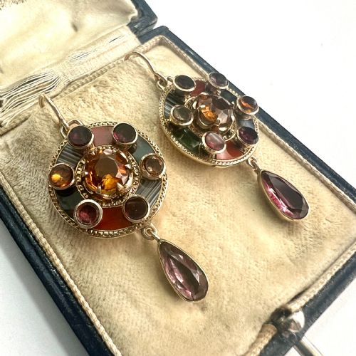 VICTORIAN 9CT GOLD SCOTTISH AGATE GEMSTONE PENDANT EARRINGS - ADDITIONAL PHOTO 1