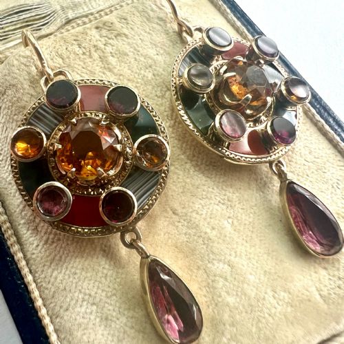 VICTORIAN 9CT GOLD SCOTTISH AGATE GEMSTONE PENDANT EARRINGS - ADDITIONAL PHOTO 2