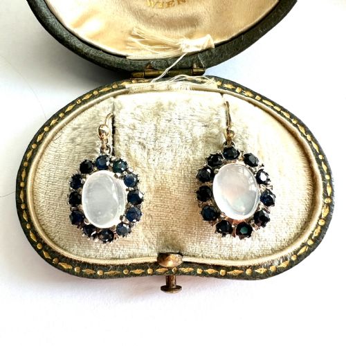 vintage moonstone and sapphire 9ct gold and silver halo earrings - CATEGORY: ANTIQUE JEWELLERY - DATED 1930