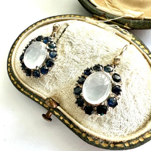 VINTAGE MOONSTONE AND SAPPHIRE 9CT GOLD AND SILVER HALO EARRINGS - ADDITIONAL PHOTO 1