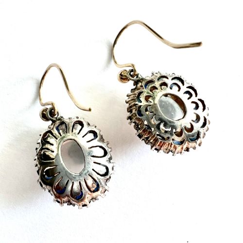 VINTAGE MOONSTONE AND SAPPHIRE 9CT GOLD AND SILVER HALO EARRINGS - ADDITIONAL PHOTO 4