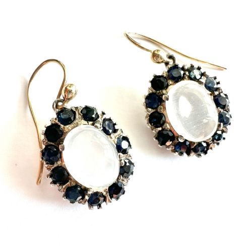 VINTAGE MOONSTONE AND SAPPHIRE 9CT GOLD AND SILVER HALO EARRINGS - ADDITIONAL PHOTO 6