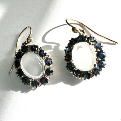 VINTAGE MOONSTONE AND SAPPHIRE 9CT GOLD AND SILVER HALO EARRINGS - ADDITIONAL PHOTO 7