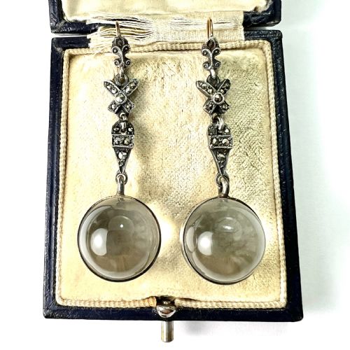 edwardian rock crystal pools of light silver marcasite earrings - CATEGORY: ANTIQUE JEWELLERY - DATED EDWARDIAN