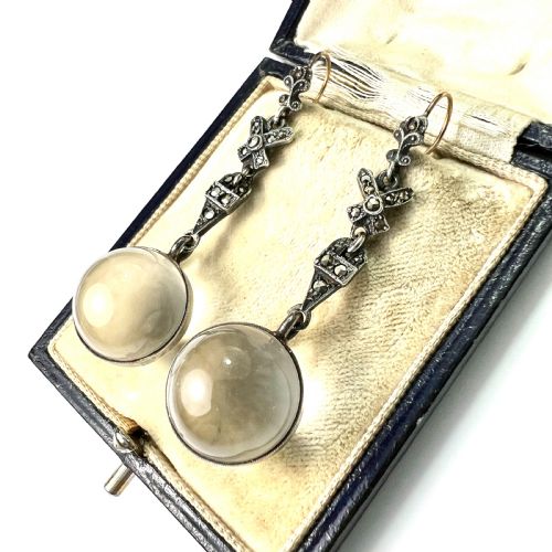 EDWARDIAN ROCK CRYSTAL POOLS OF LIGHT SILVER MARCASITE EARRINGS - ADDITIONAL PHOTO 1